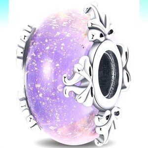Purple and Silver Floral Bracelet Charm Murano Bead